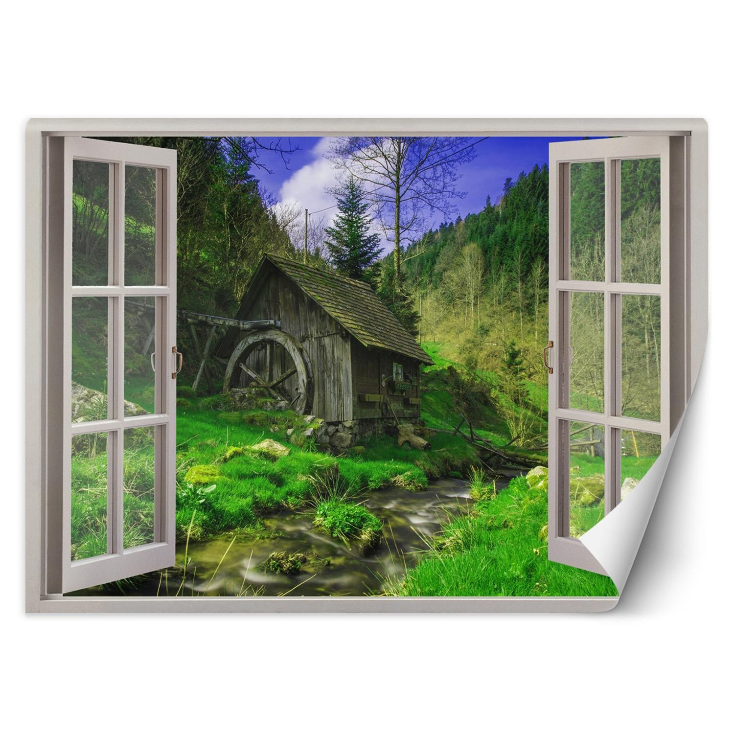 Feeby Fototapeta, Widok z okna domek w górach potok 140x100