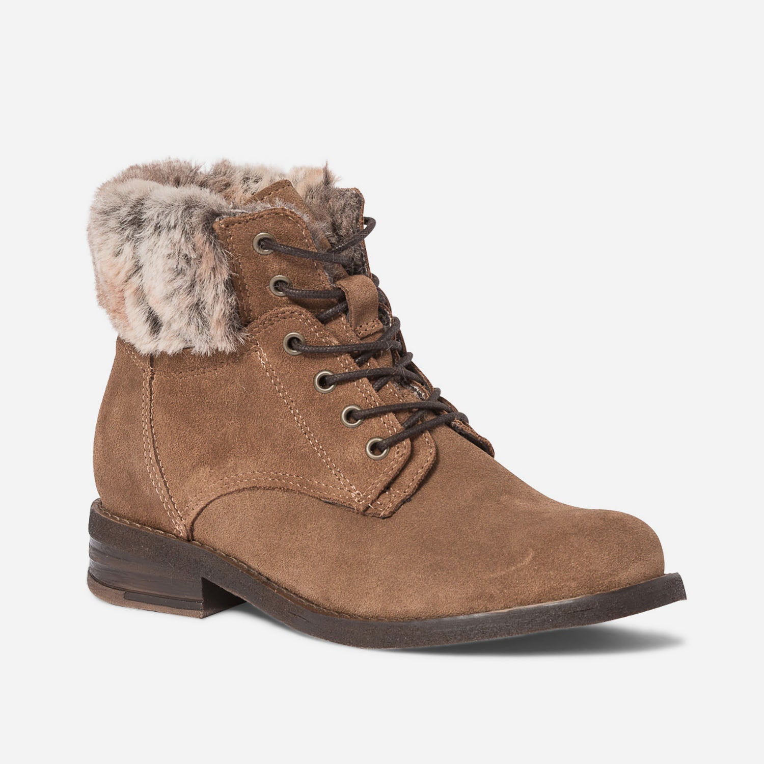 Bottine camel fourrée en cuir velours