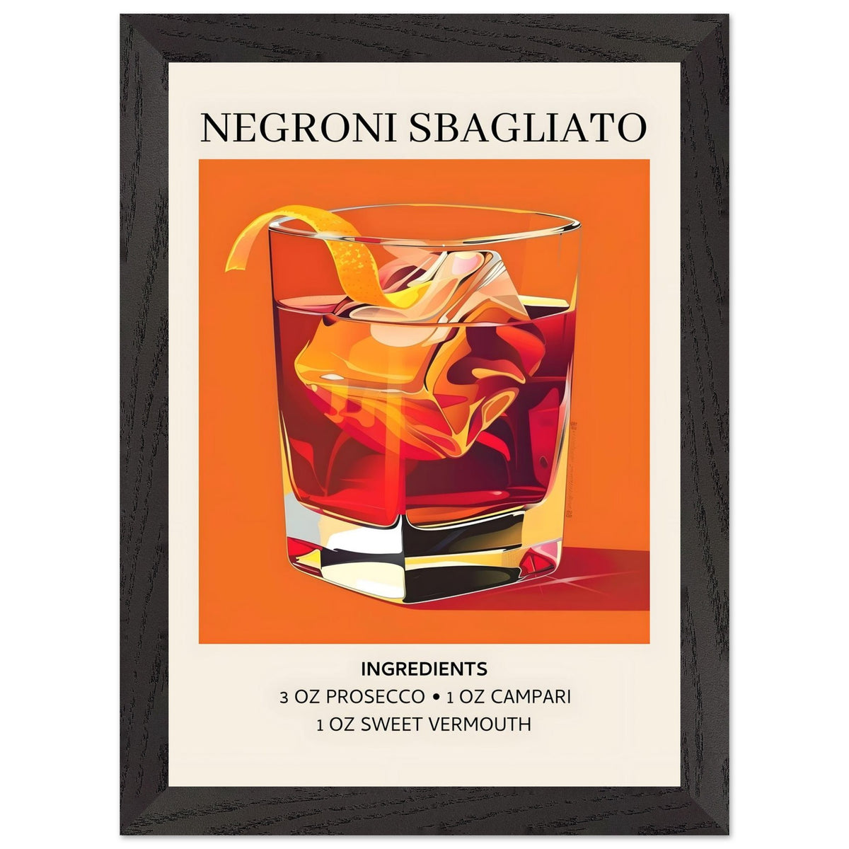 Artfulprints Poster met Lijst Negroni Sbagliato cocktail - Ingrediënten  - A4 21x29.7 cm - Oranje