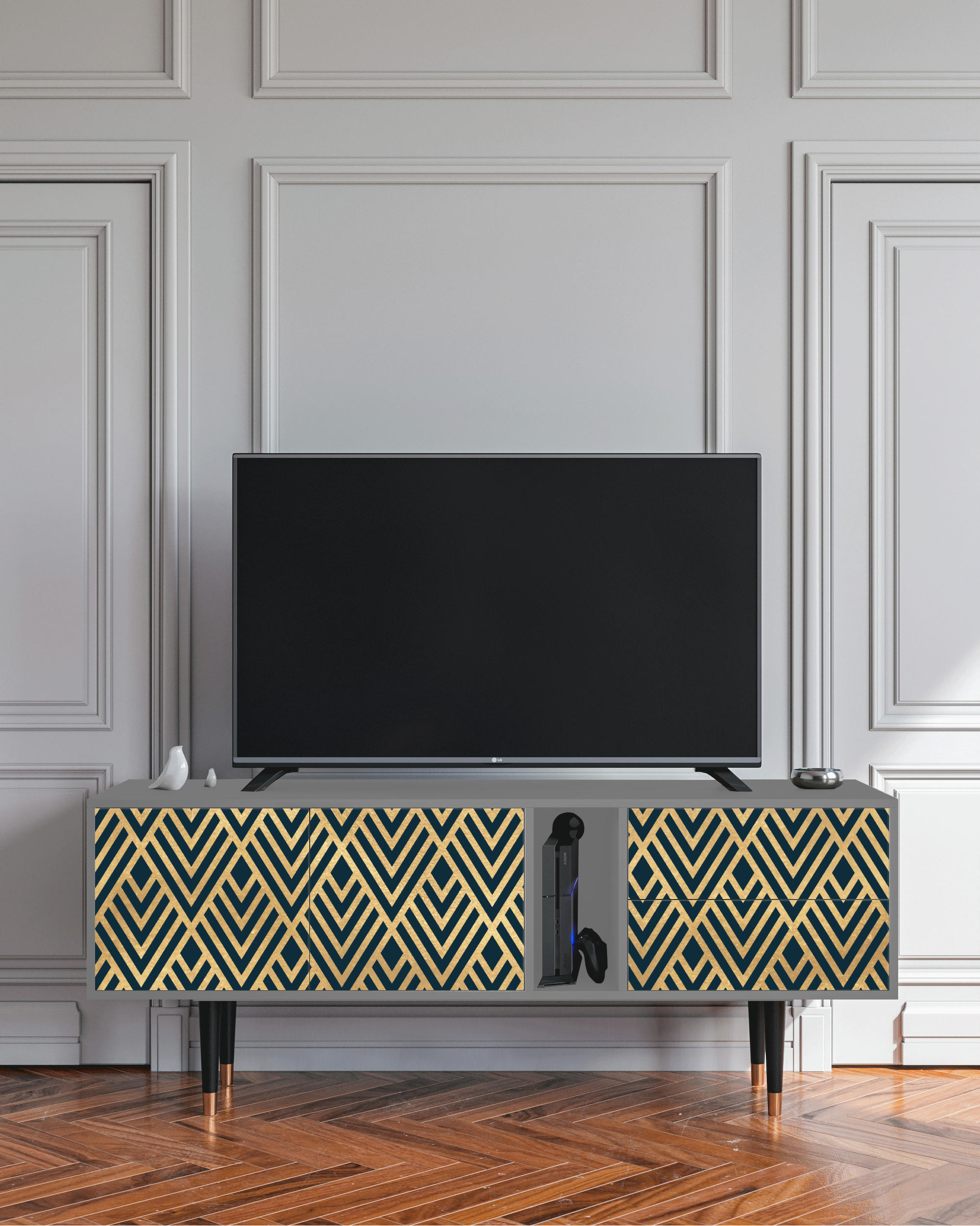 EGYPT TRIANGLES - Meuble TV  bleu 2 tiroirs et 2 portes L 170 cm