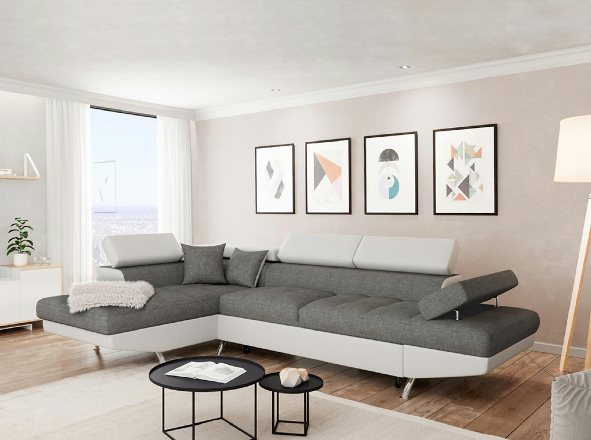 RIO - Canapé d'angle gauche convertible avec coffre bi-matière blanc/gris