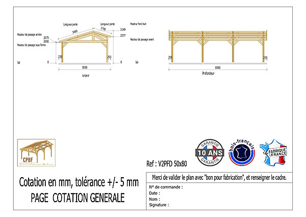 Carport 2 pentes faitage décalé, 500cmx800cm, bois DOUGLAS Français(Charpente en bois-auvent-abri voiture) 40 m².Garantie 10 ans