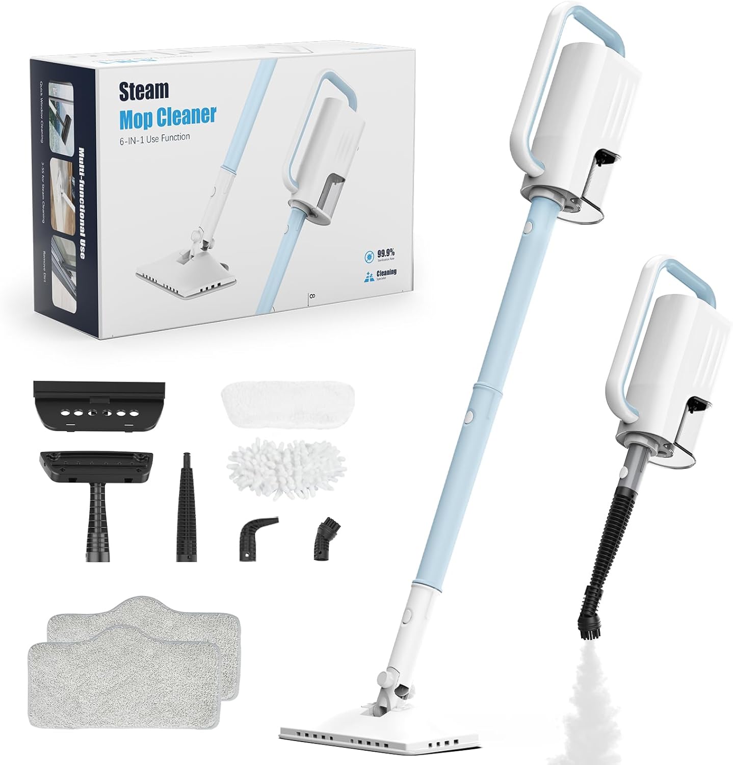 7-in-1 Steam Mop, 1200W Rotated Steam Cleaner for Home, 2 Modes, 400ML Removable Tank, 23FT Power Cord, 2 Pads, Multi-Surface Steamer for Hard Floor, Laminate Floor, Tiles Cleaning (Ocean Blue)