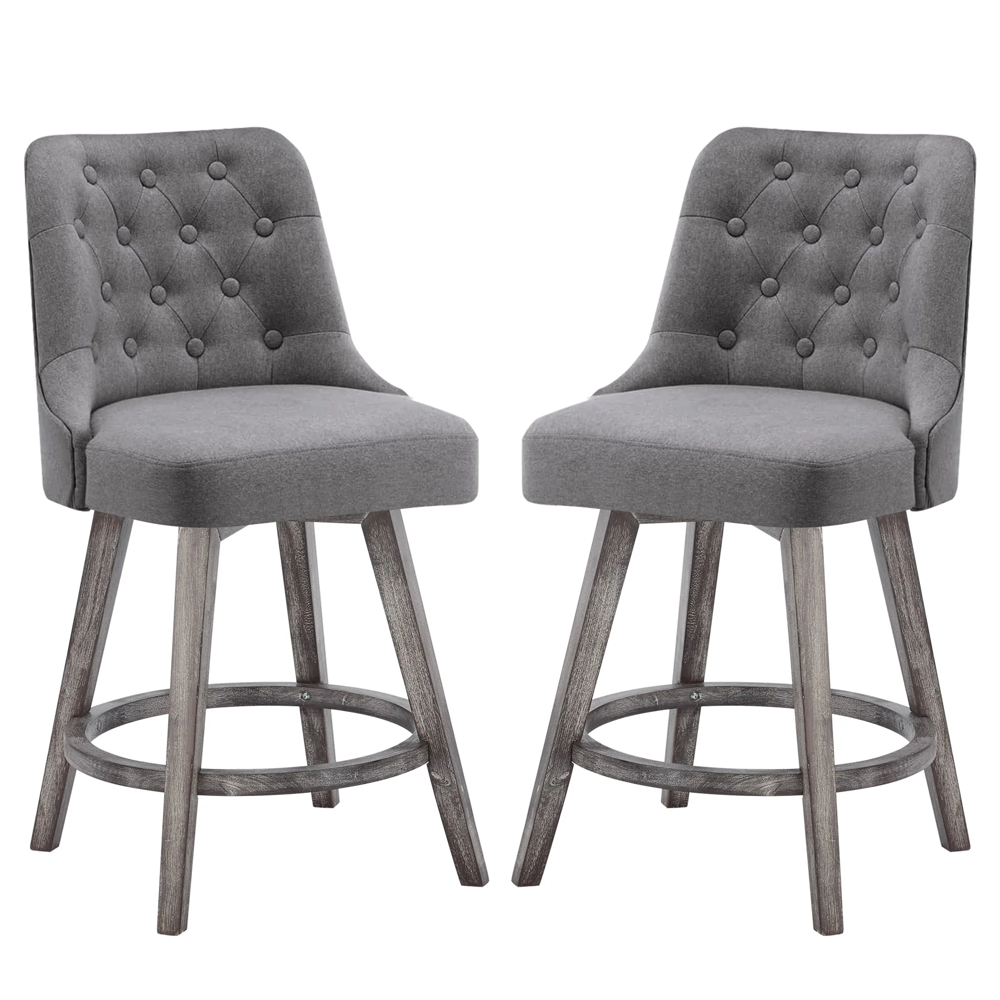 HOMYKA Tufted Swivel Bar Stool with Wood Grain Chair Legs Set of 2