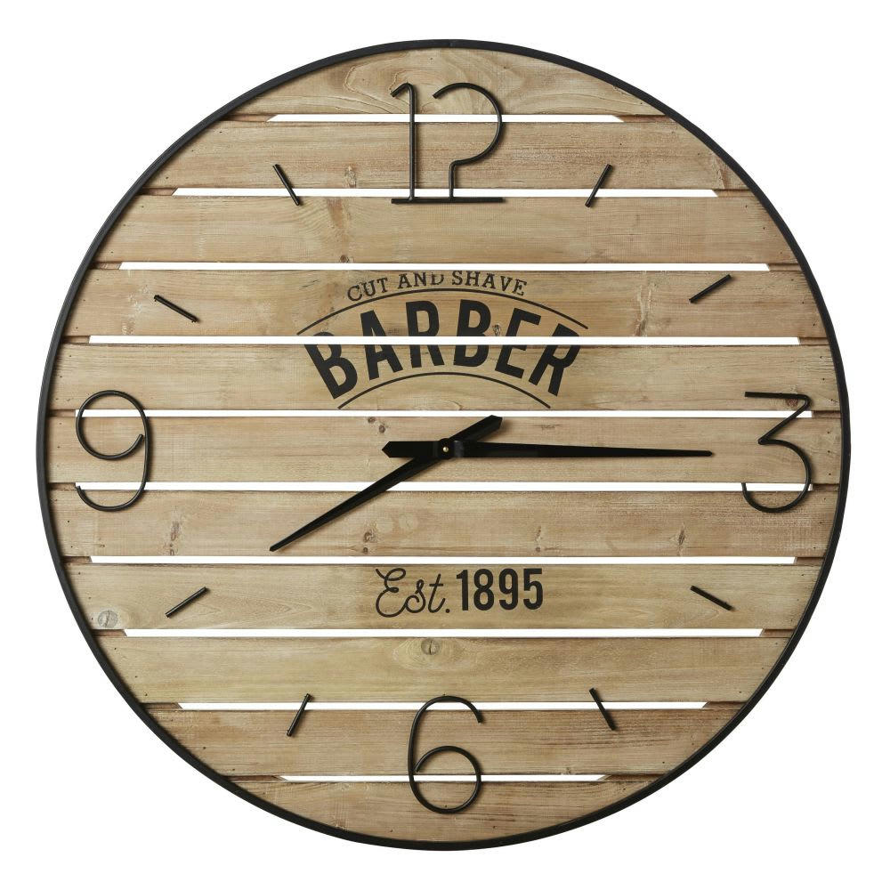 BARBER - Horloge murale lattes en sapin imprimé et métal noir D95