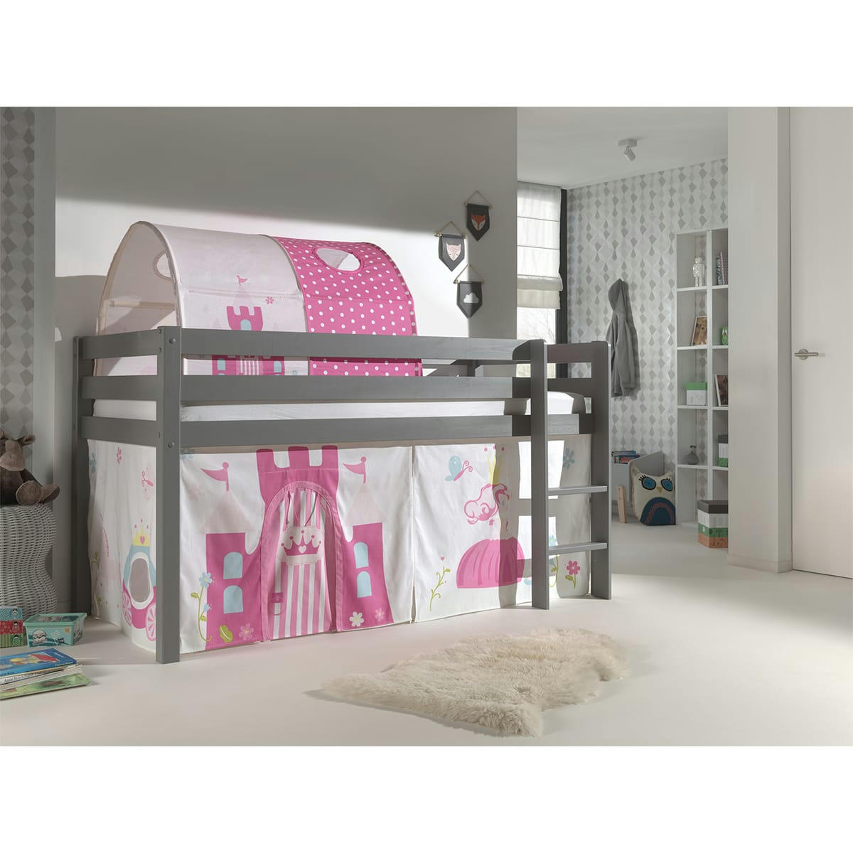 PINO - Lit mi-hauteur 90x200 sommier inclus housse princesse gris