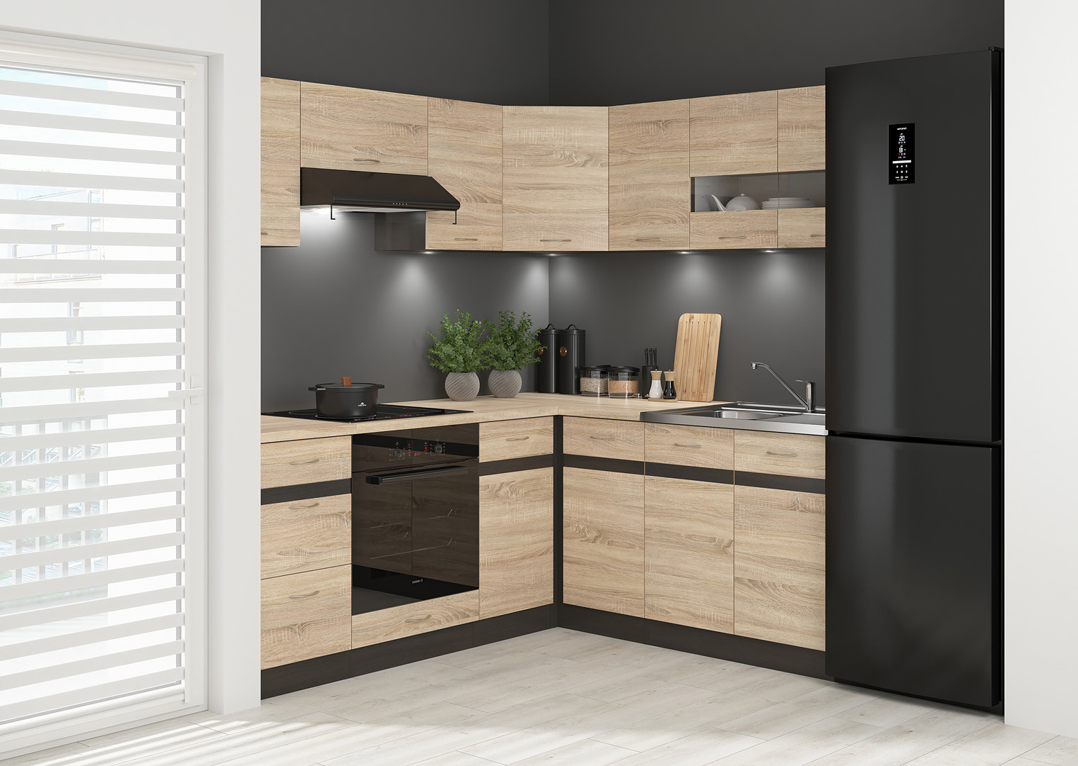 Komplet kuchenny narożny Junona Line 200x180 lewy dąb sonoma z blatem