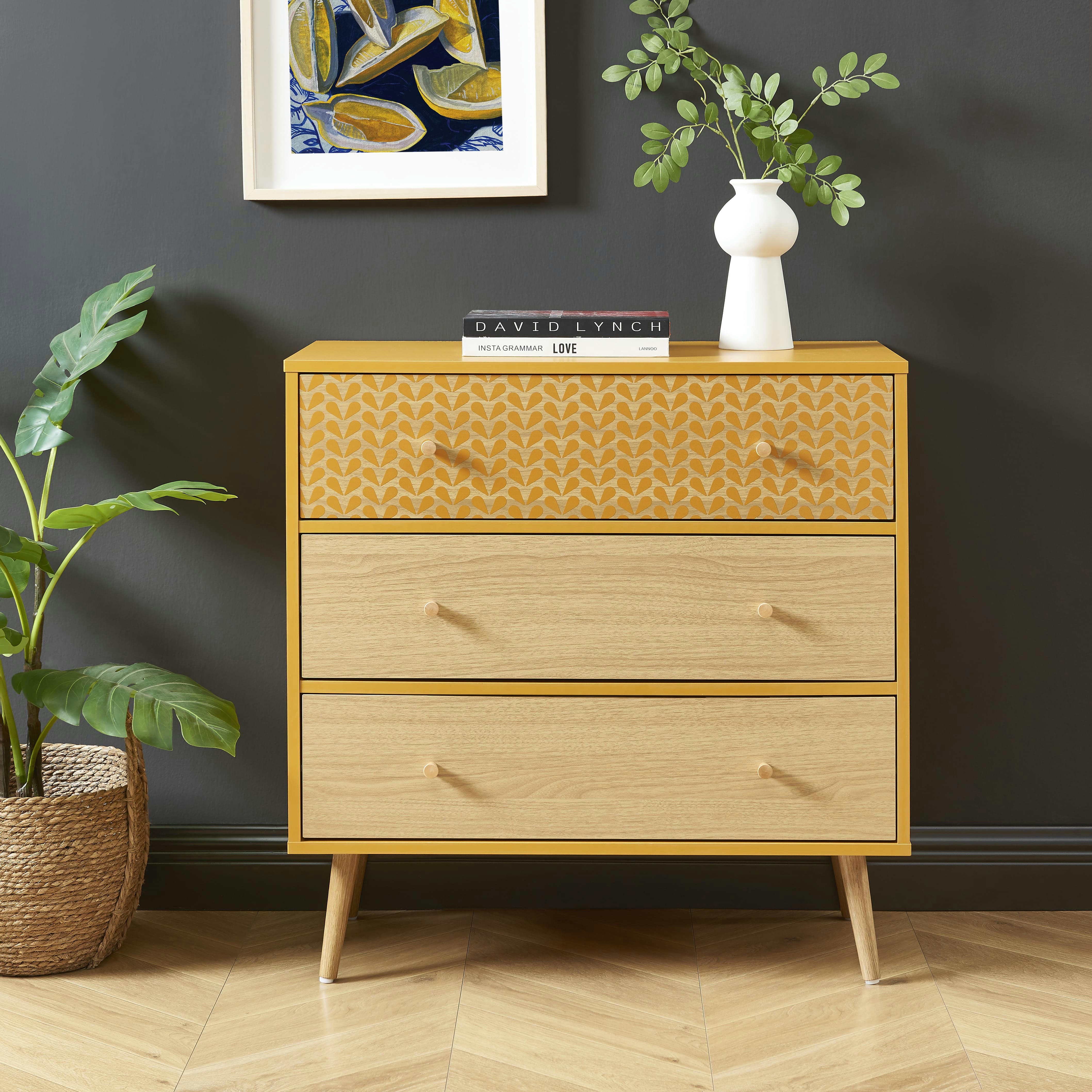 CAPUCINE - Commode  ocre et effet bois et chêne 3 tiroirs 78cm