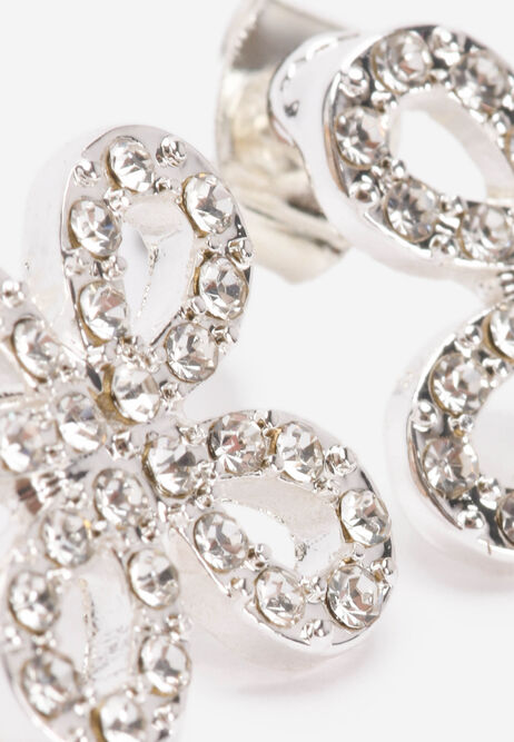 Womens Silver Diamonte Petal Flower Stud Earrings