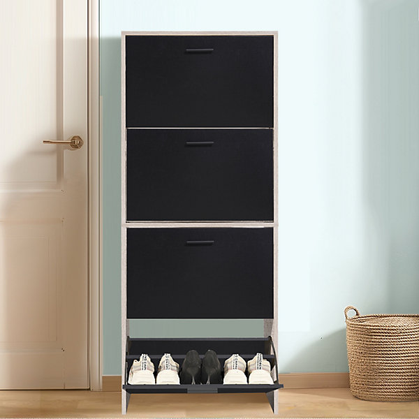 CASABEL Meuble de Rangement à Chaussure 24 Paires - Grande Capacité pour Entrée - L60xP24xH150 cm - Portes Noires Cadre Bois Clair