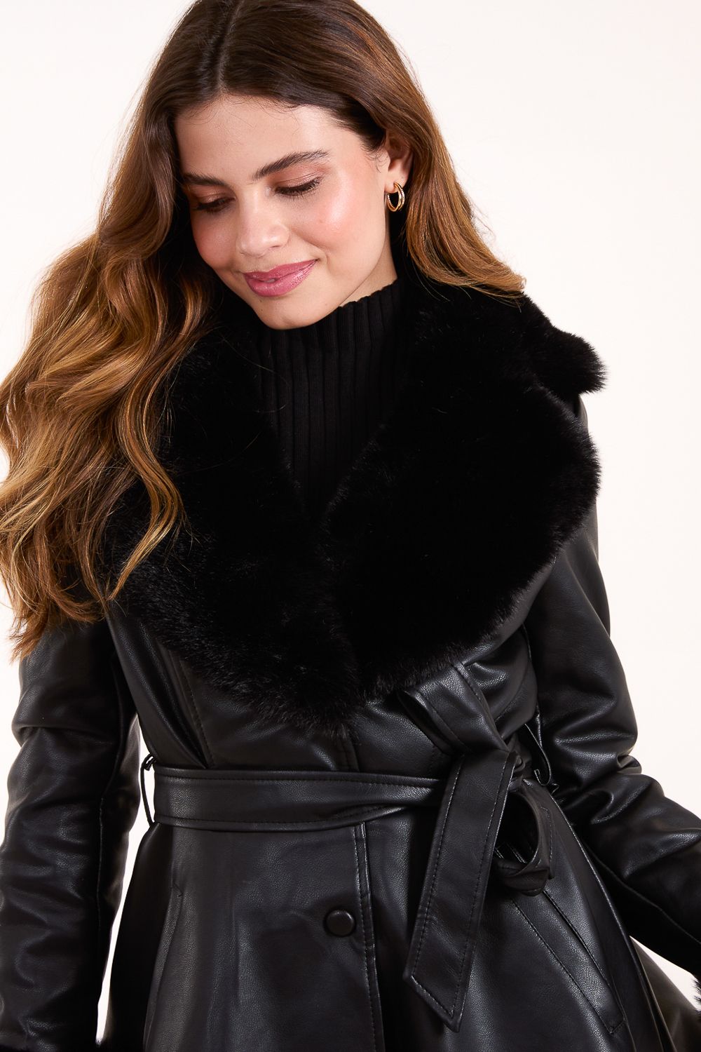 Blue Vanilla Fur Trimmed Belted Coat