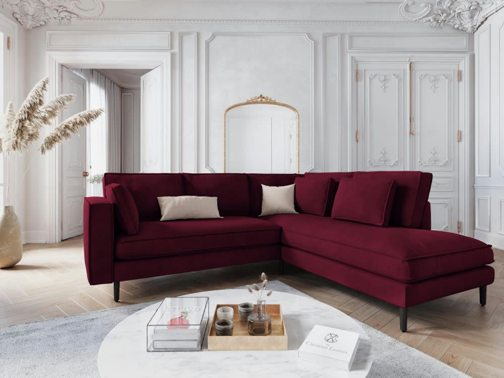 ALEXIS - Canapé d'angle 5 places en velours rouge foncé