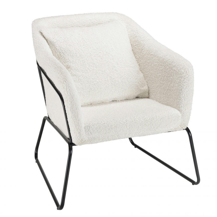 ALBANE - Fauteuil tissu bouclette blanc pieds évasés métal noir