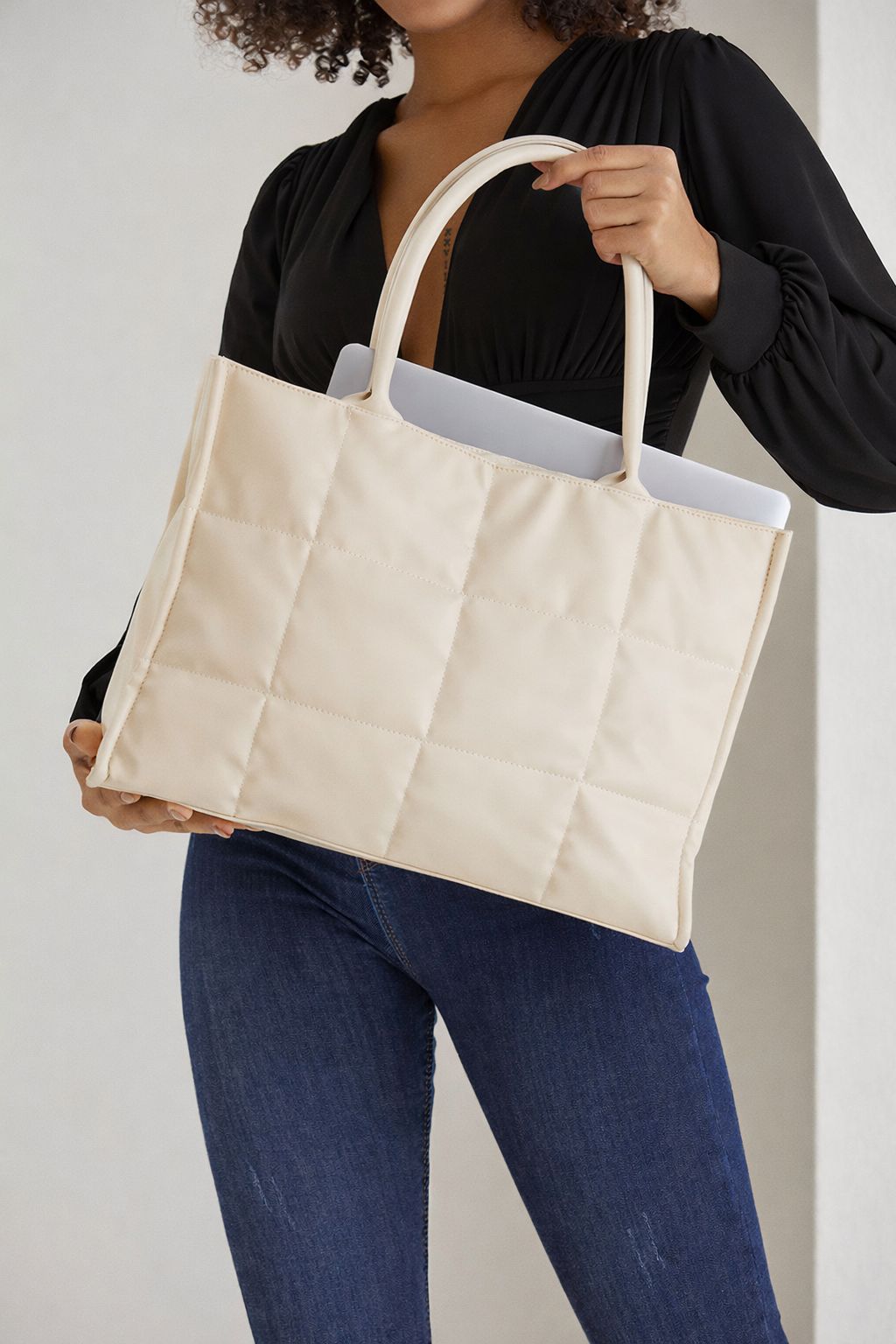 Belissh Quilted Pu Leather Tote Bag with Detachable Strap