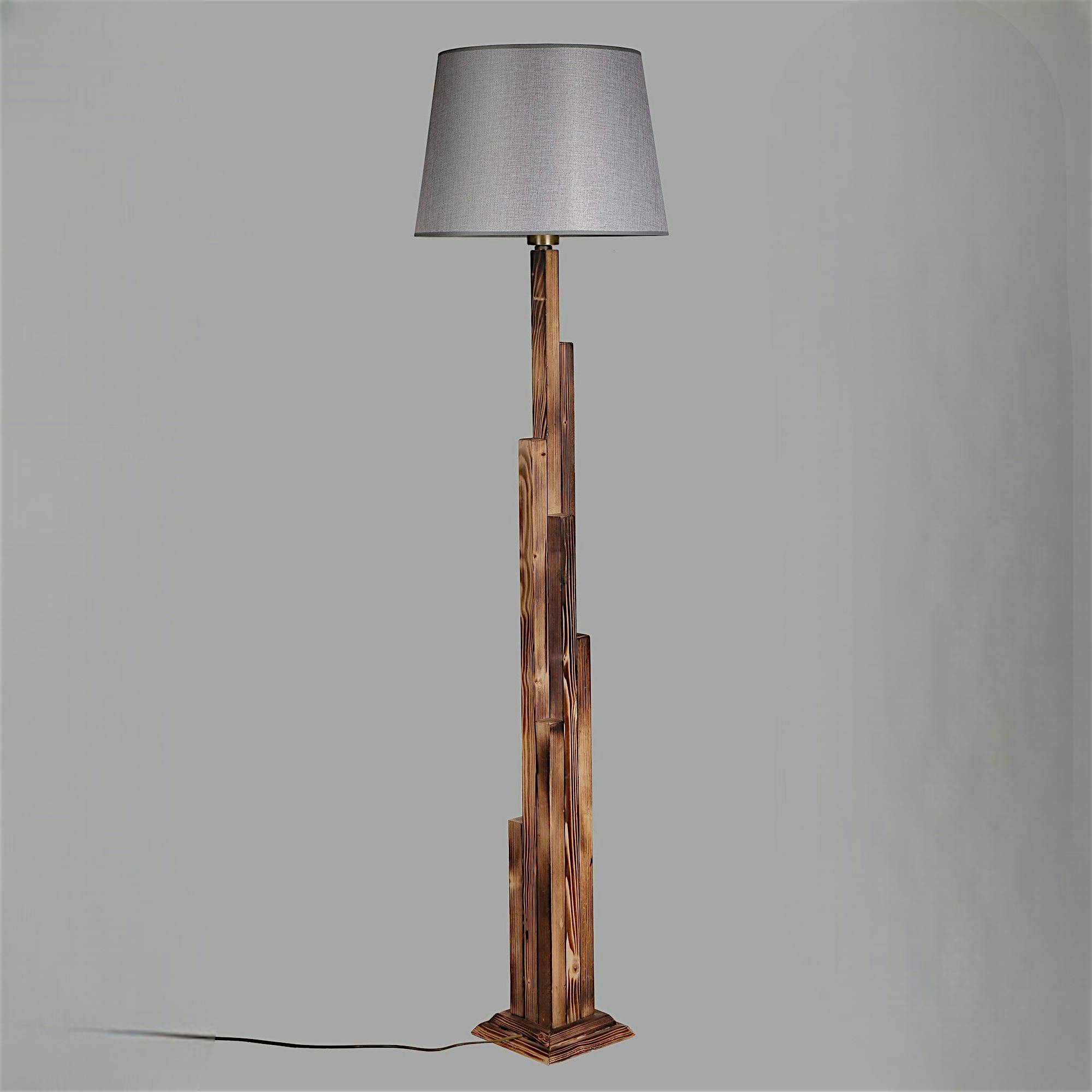 Lampadaire salon en bois sculpté abat-jour gris ANZIO