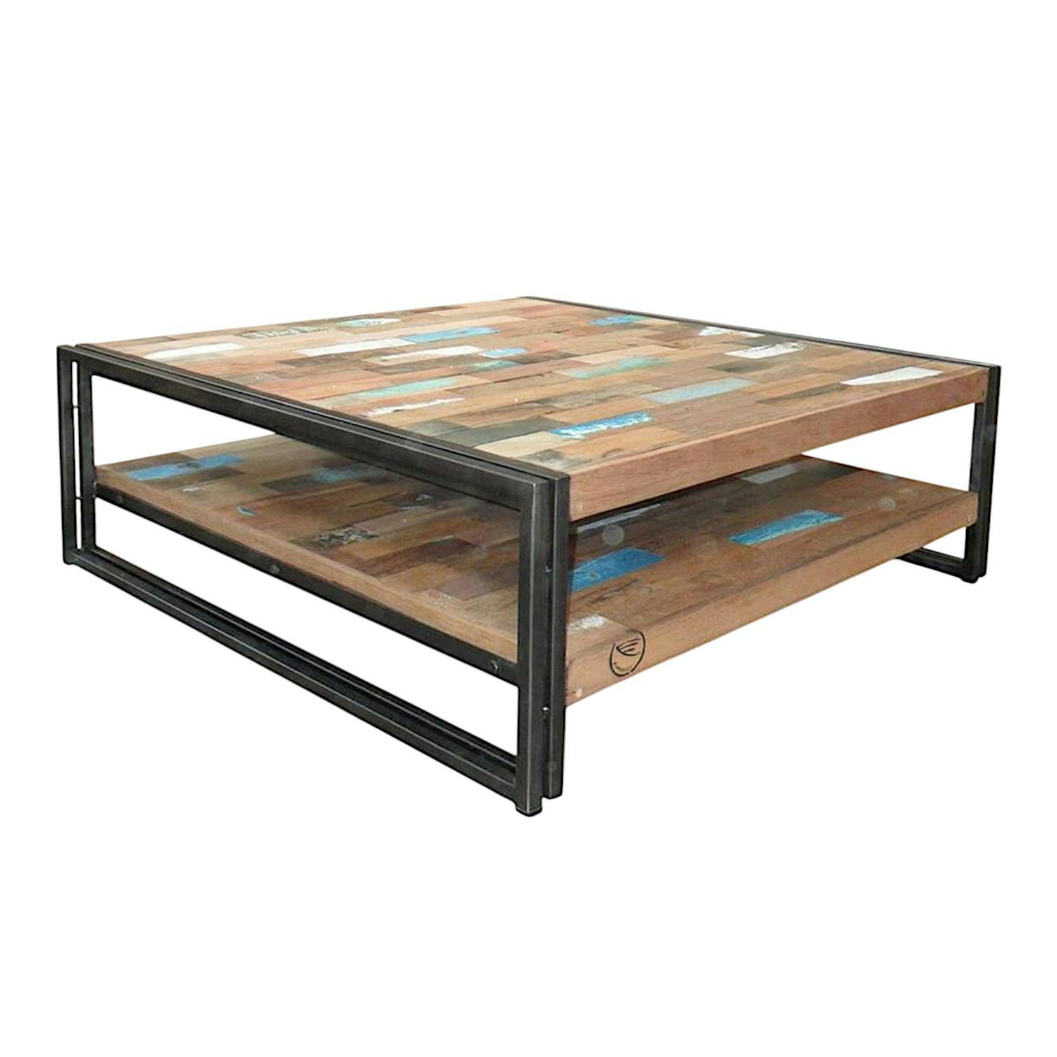 Table basse carrée bois recyclé double plateaux 100x100 CARAVELLE