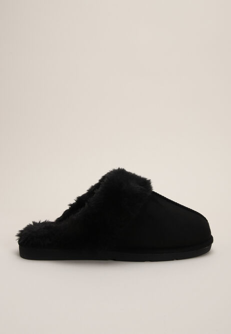 Womens Black Fluffy Premium Mule Slippers