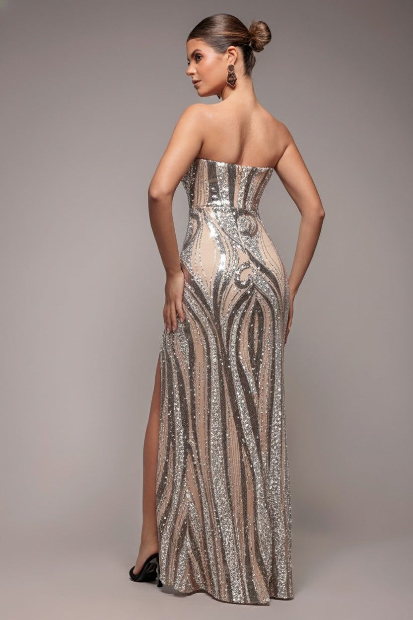 Goddiva Strapless Multi Sequin Maxi Dress