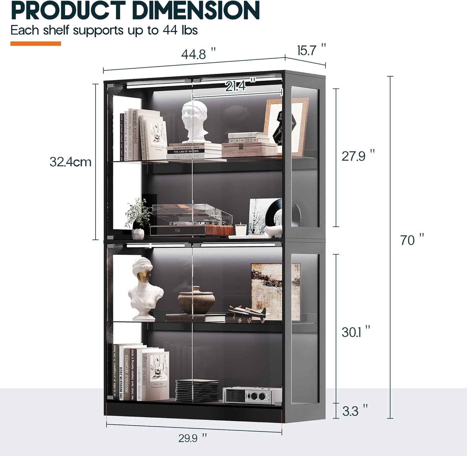 AMERLIFE RGB Display Cabinet with Adjustable Glass Shelves, 4-Tier Storage Case with LED Lights & Press-to-Open Doors, Modern Display Shelf for Collectibles, Black 70 H×45 L×16 D