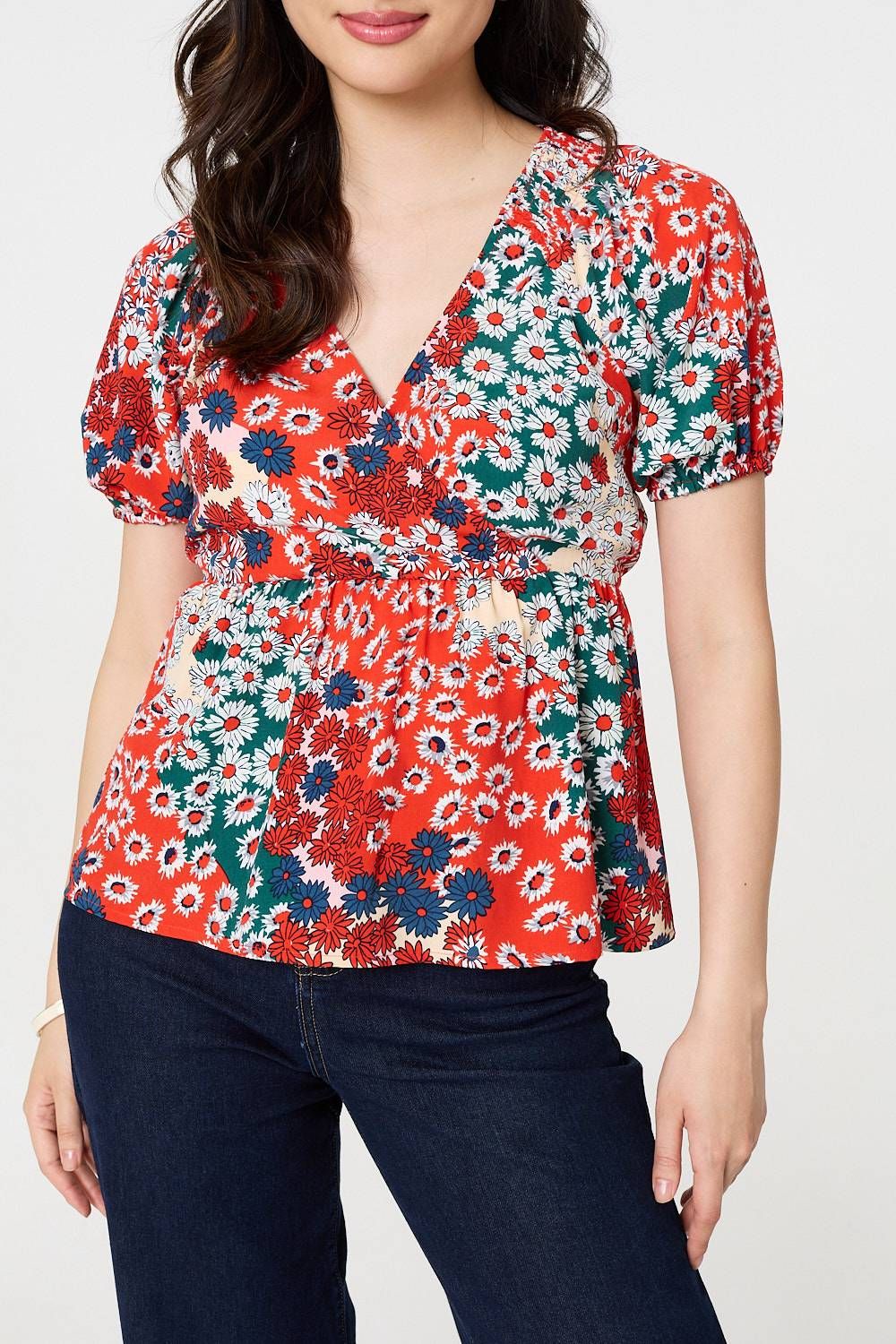 Izabel London Ditsy Floral Faux Wrap V-Neck Top