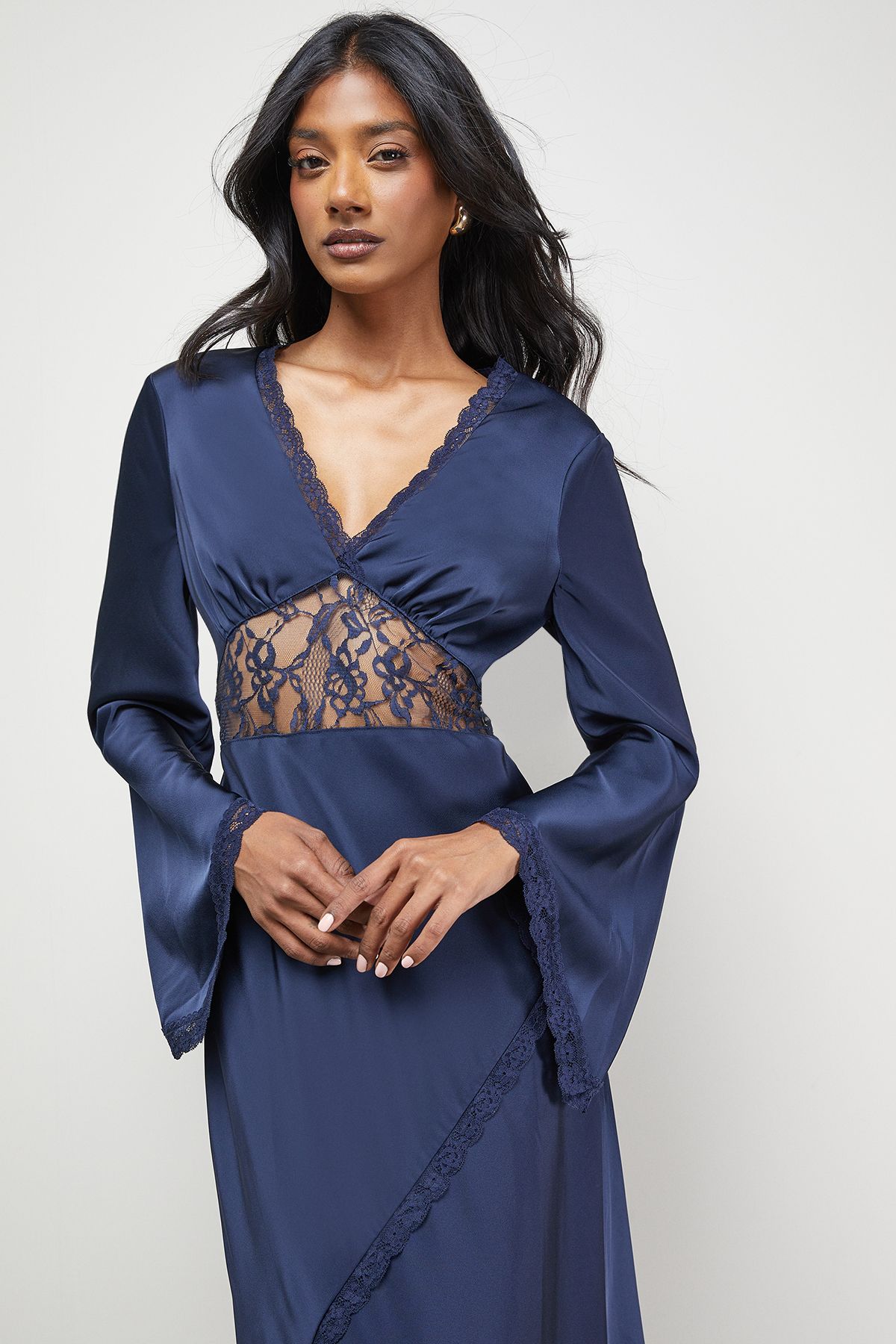 Warehouse Satin Lace Insert Flute Sleeve Midi Dress