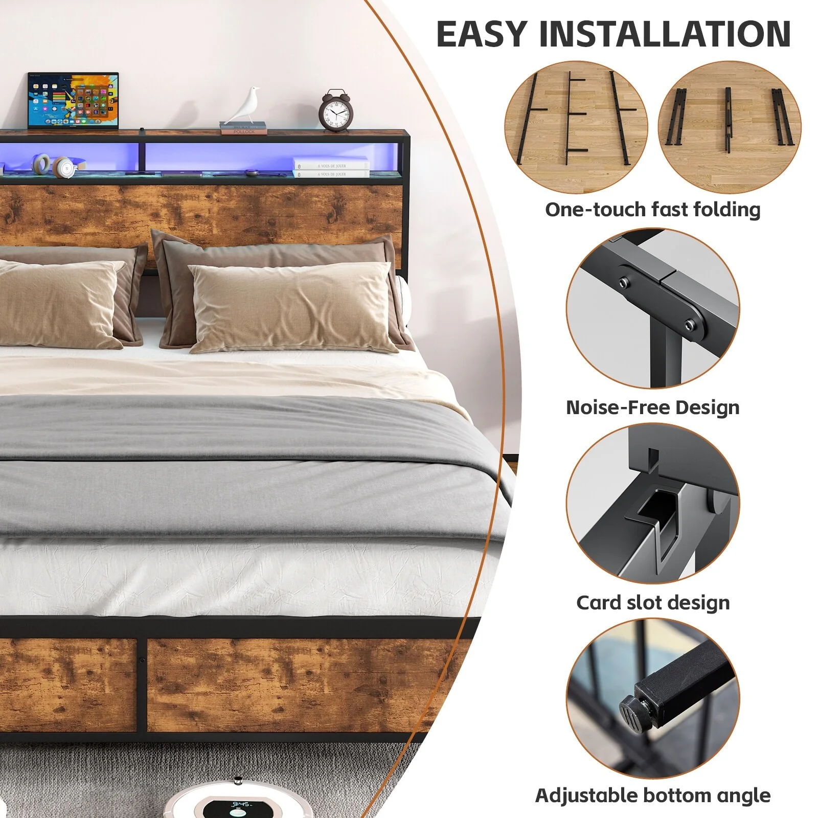 Full Size Metal Industrial Bed Frame with LED & USB Ports