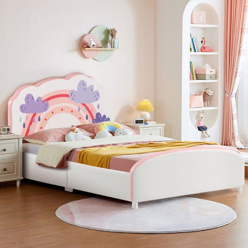 NNECW Twin Size Kids Wooden Upholstered Platform Bed with Astronaut/Unicorn/Cloud/Planet Pattern-Cloud