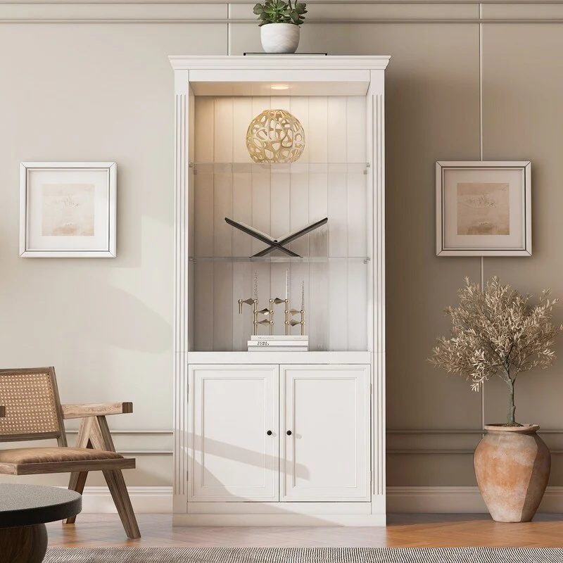 78.75-Inch Retro Display Shelves with 5-Color Adjustable LED Ceiling Light ，Tempered Glass Shelves Bookcase for Living Room