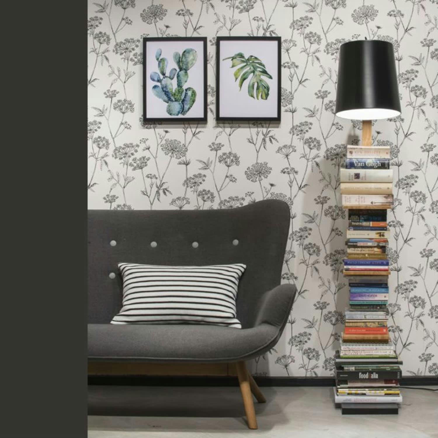 CAMBRIDGE - Lampadaire avec étagères métal/bois noir H168cm