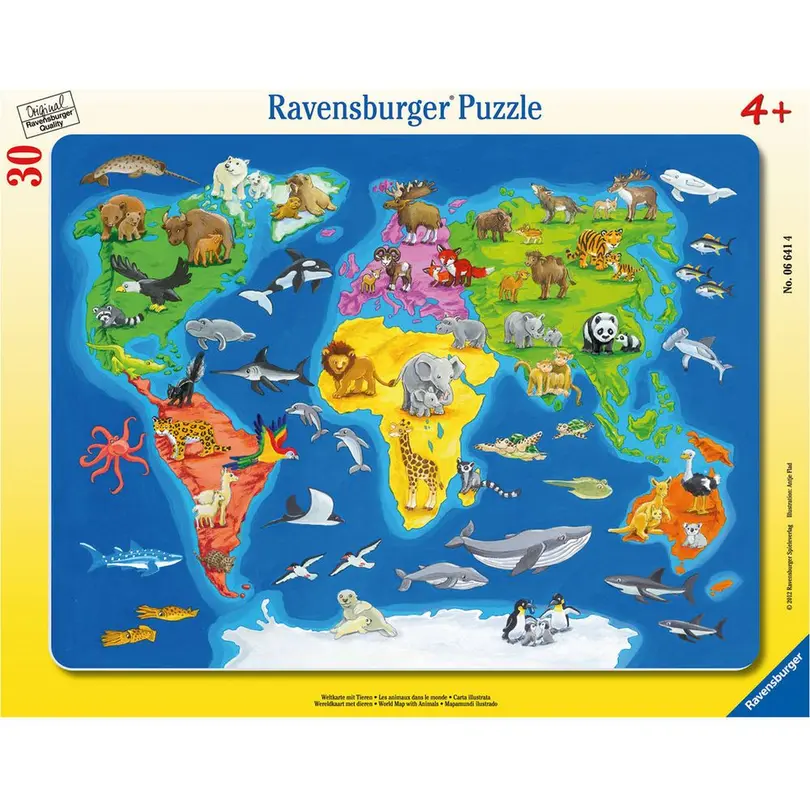Puzzle 30-teilig Weltkarte mit Tieren