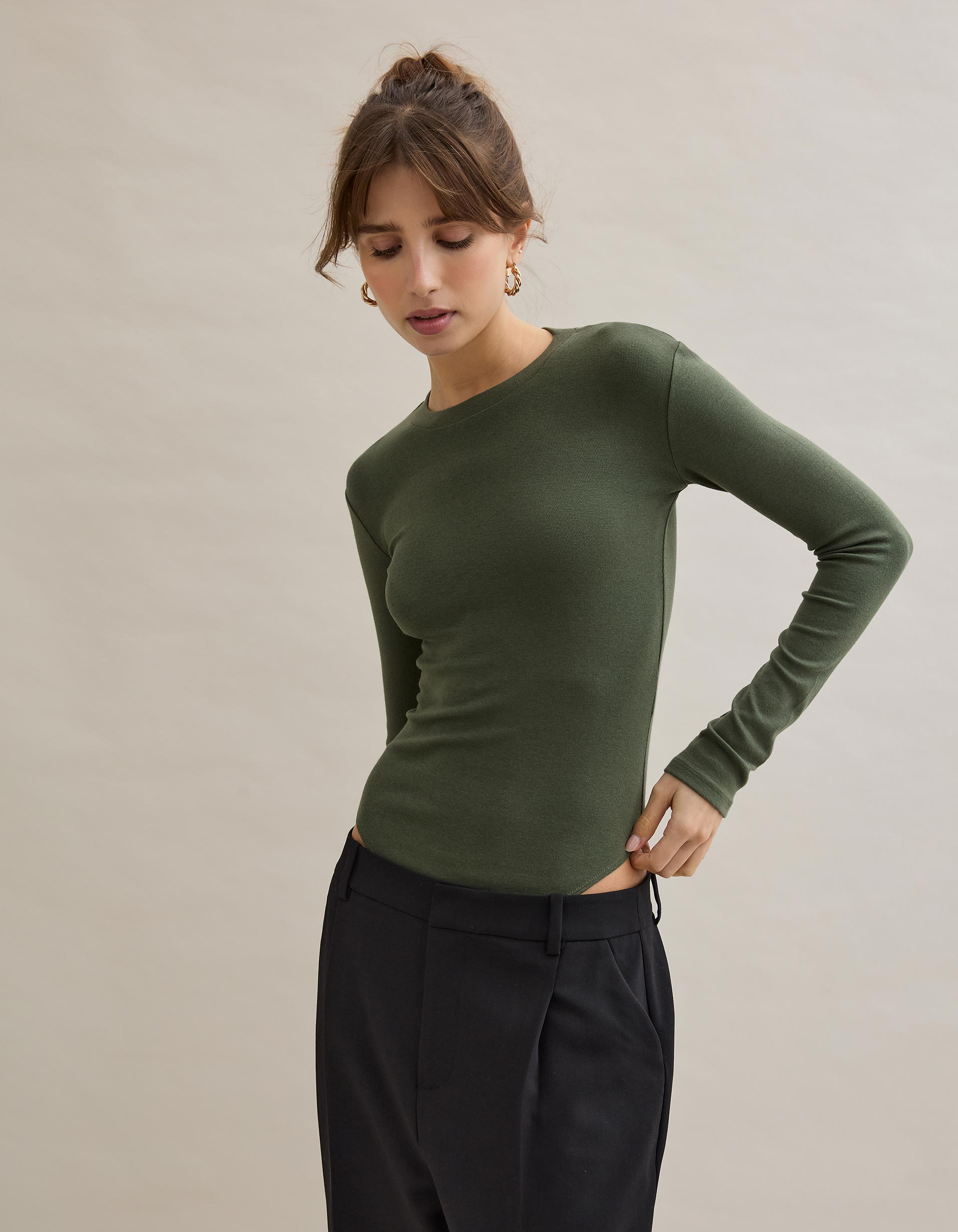 Body de Manga Comprida, Mulher, Verde Escuro