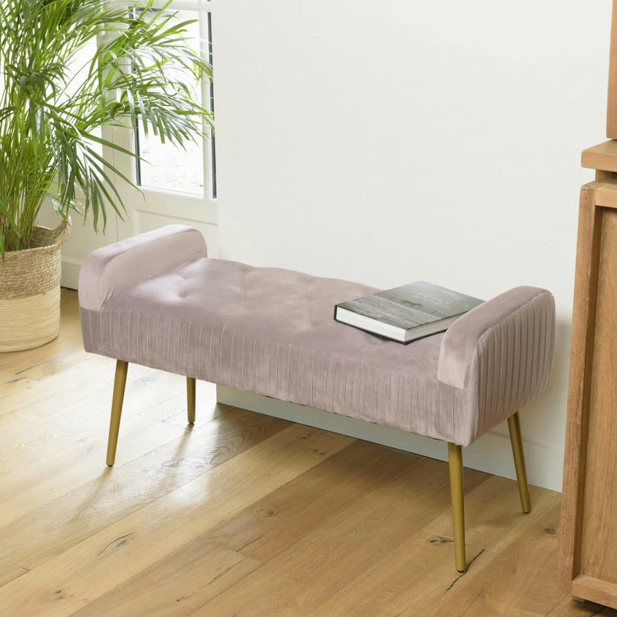 ALBANE - Banc de lit velours rose foncé pieds métal doré