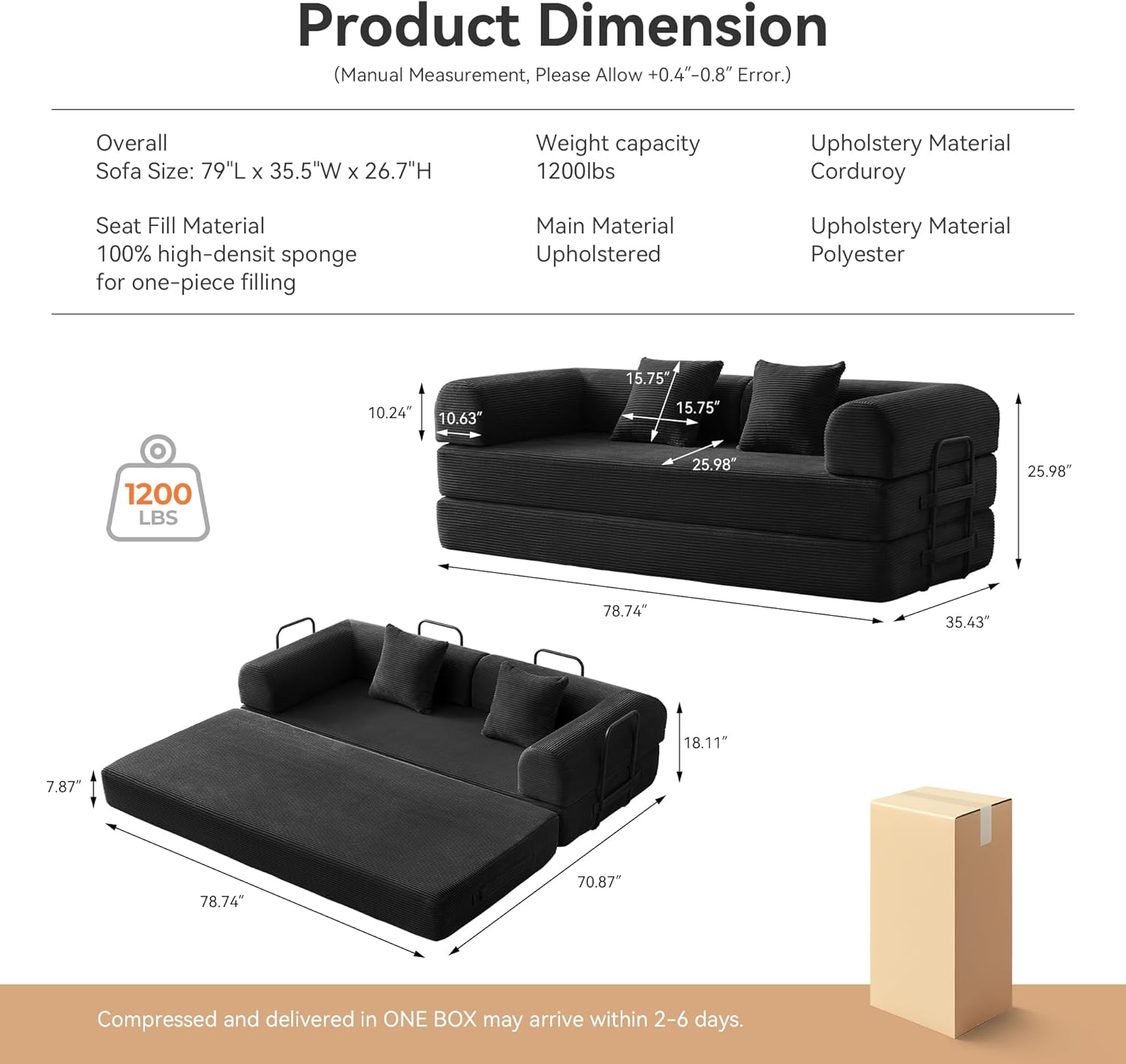 Convertible Sleeper Bed with 2 Cylindrical Pillow, Comfy Foldable Bed Compressed Sofa in Box, Floor Sofa Lounge Couch for Living Room Bedroom Lounge Studio, Tool-Free Assembly (Black)