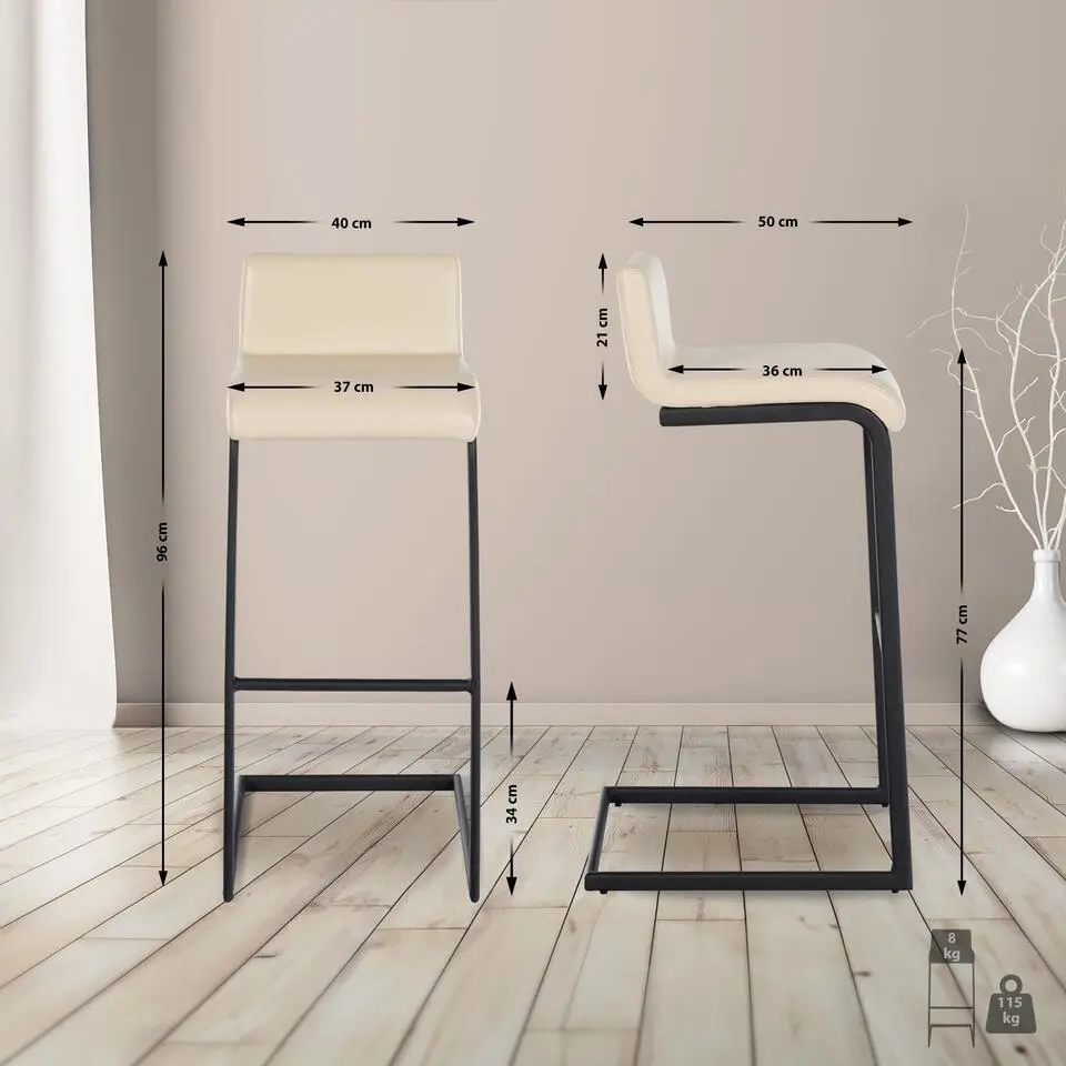 CLP Barkruk Newport zwart Frame - Kunstleer - creme