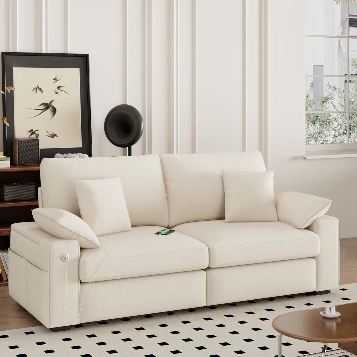 76.38'' Modern Loveseat Sofas for Living Room, 2 Seats Sectional Sofa Couch with USB/Type-C Charging Port & Side Storage Removable Cover, Easy Assembly for Small Spaces- Beige