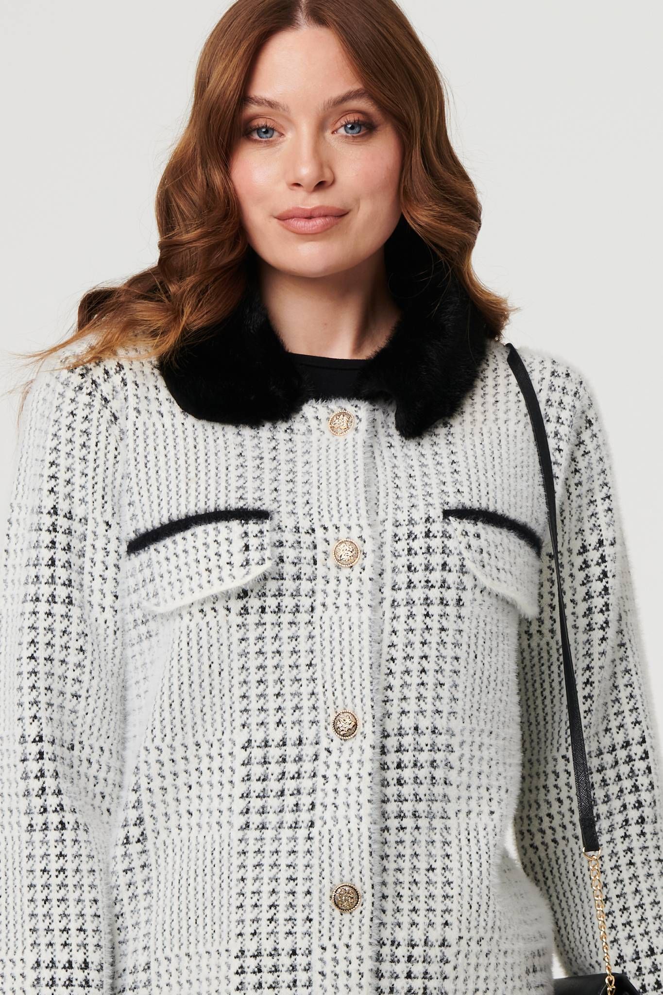 Izabel London Checked Faux Fur Long Sleeve Jacket