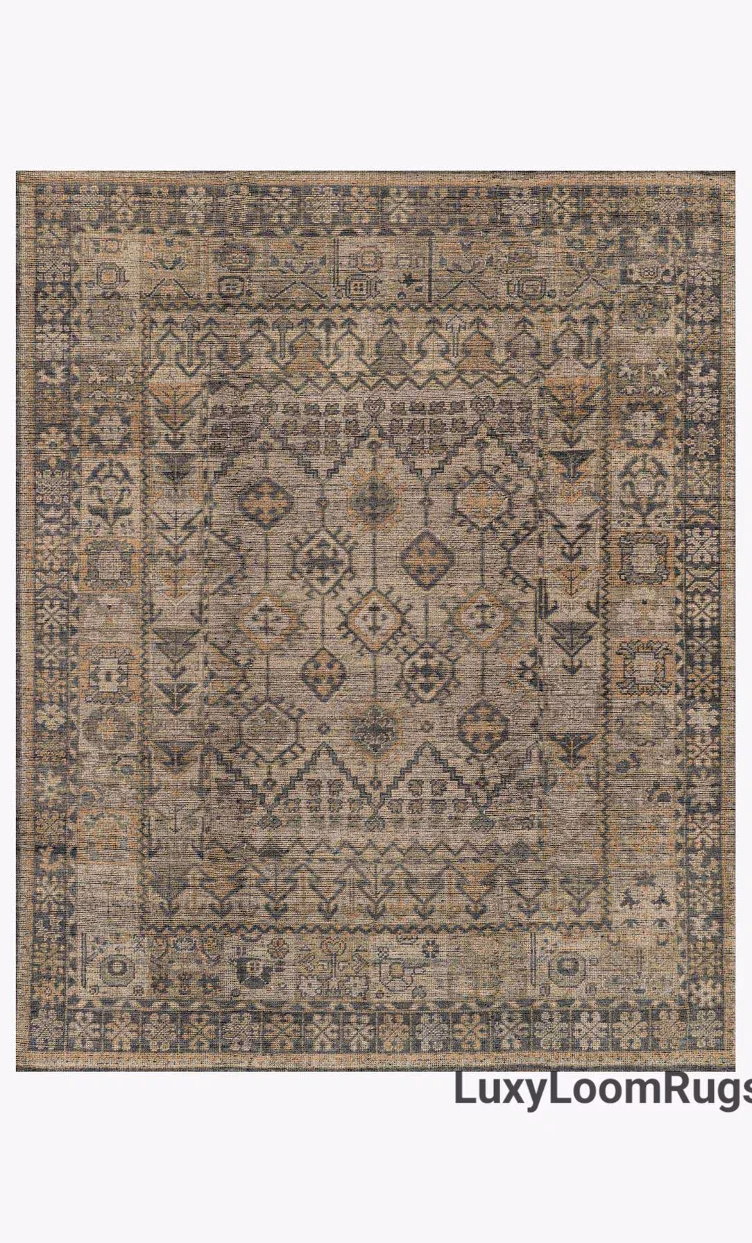 Hand knotted Charcoal Wool Rug: Geometric Distressed Oriental Carpet Vintage Baige Taupe Oushak Rug 9x12 10x14 Handmade Rugs for Living Room