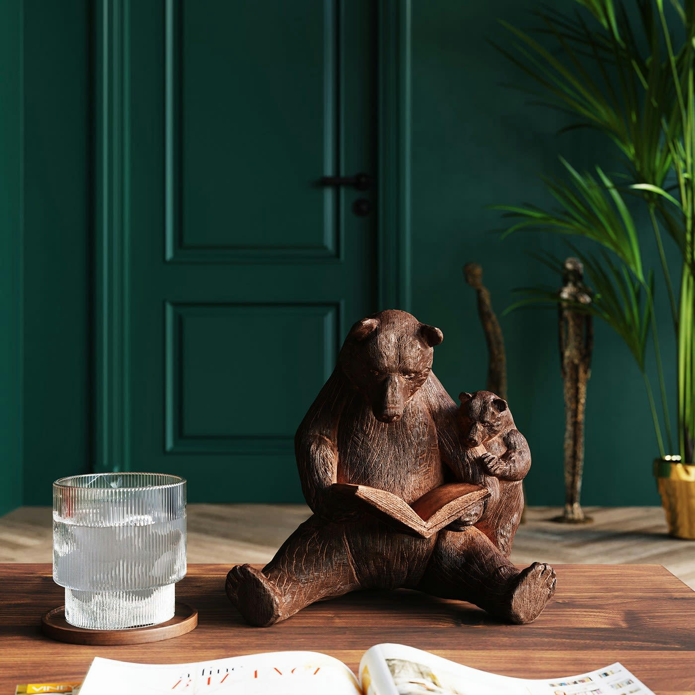 - Statuette ours lecture en polyrésine marron H18