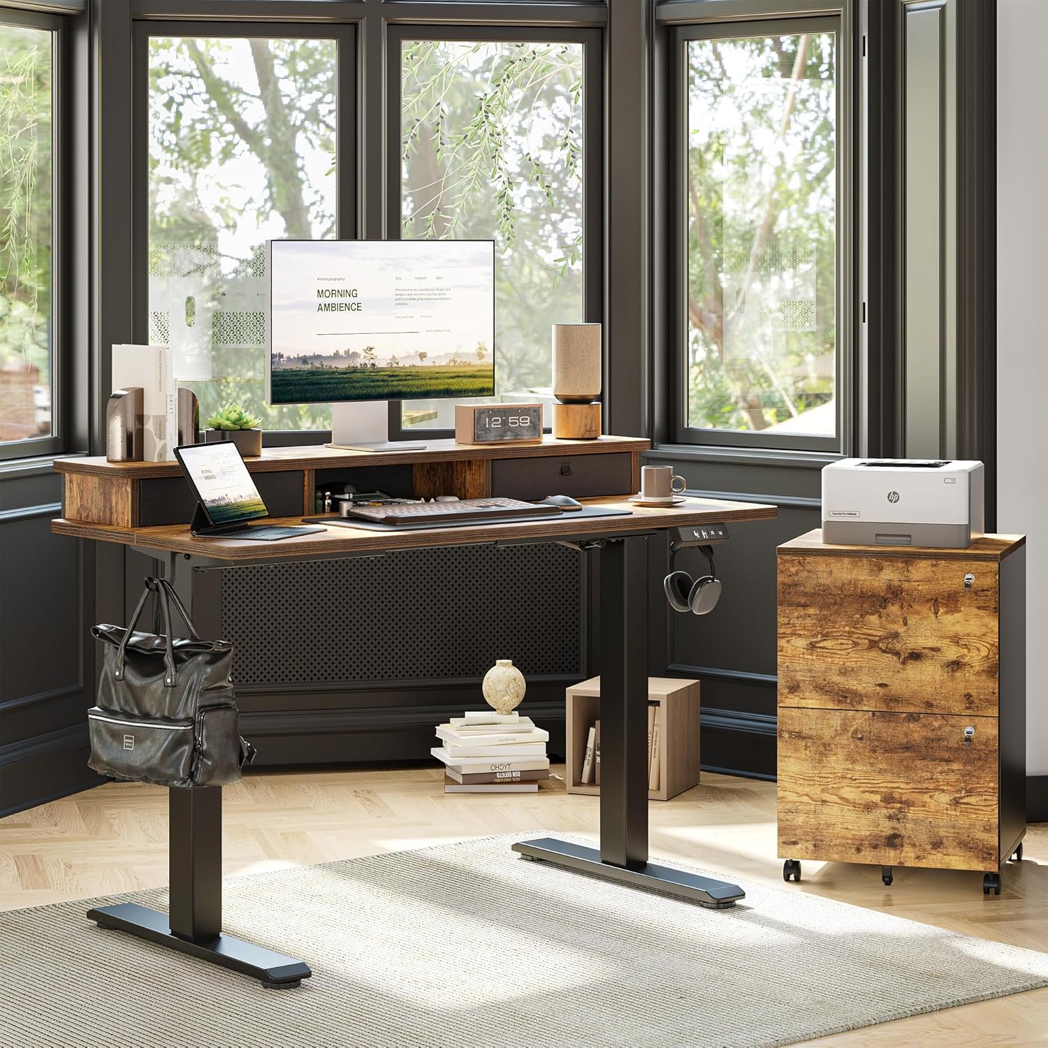 TIQLAB Standing Desk with Two Drawers, Stand Up Standing Desk Adjustable Height, Electric Sit Stand Table with Storage Shelf and Splice Board, 55 * 24 inch, Rustic Brown