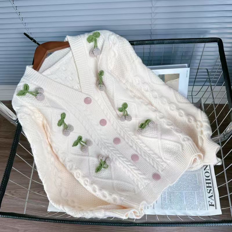 PEACH ACCESSORIES Cable Knit Cardigan with Crochet Cherry Detail
