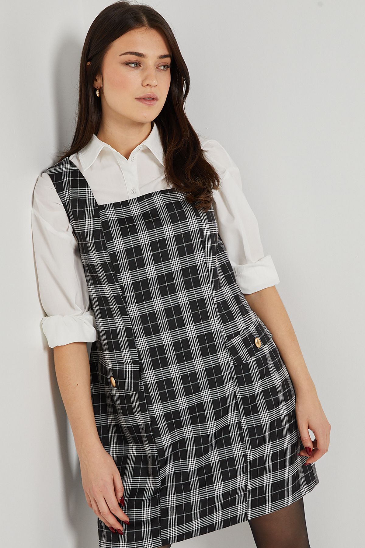 Dorothy Perkins Black Check Pocket Detail Tie Back Pinafore Mini Dress