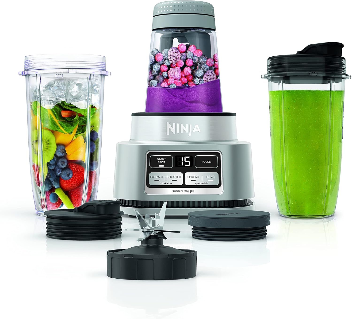 Ninja Foodi Blender | Personal Smoothie Maker, Mixer | Includes Hybrid Blades, (2) 24 oz. To-Go Cups with Lids, (1) 14 oz. Smoothie Bowl Maker with Storage Lid | Silver | 1200 Peak Watt | SS101