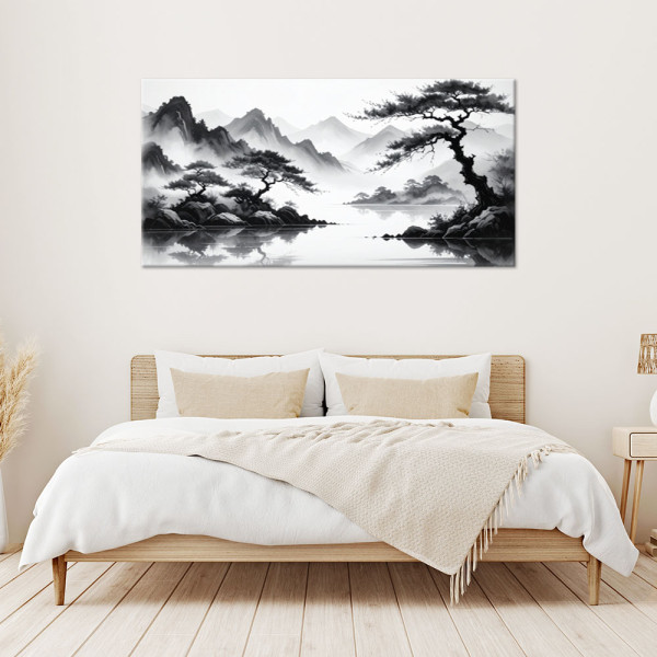 Obraz do sypialni salonu biura, Czarno biały japoński krajobraz 80x40