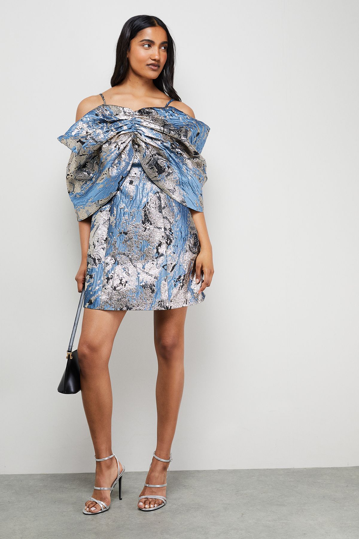 Warehouse Metallic Jacquard Dramatic Sleeves Mini Dress