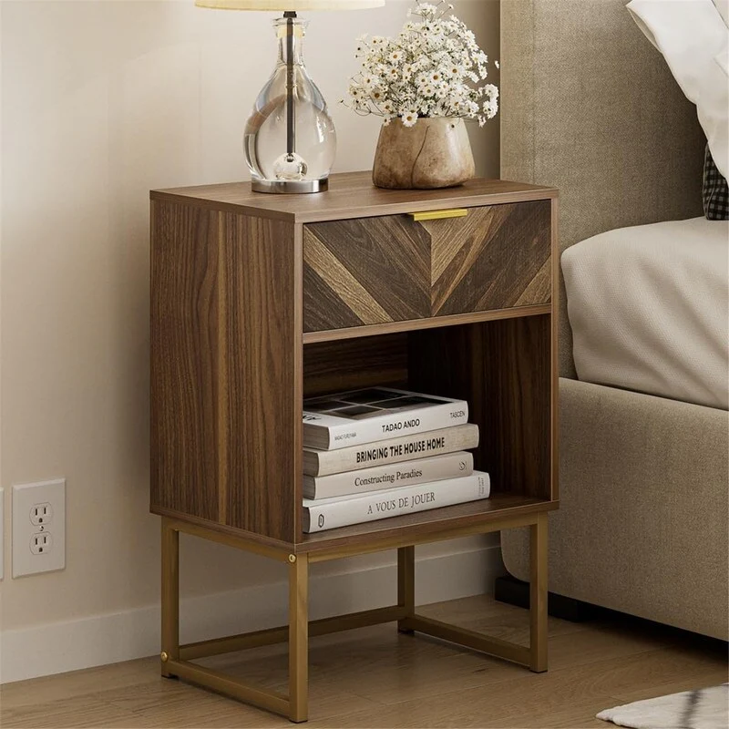 Modern Nightstand, Bohemian Rustic Solid Wood Nightstand with Storage Drawers