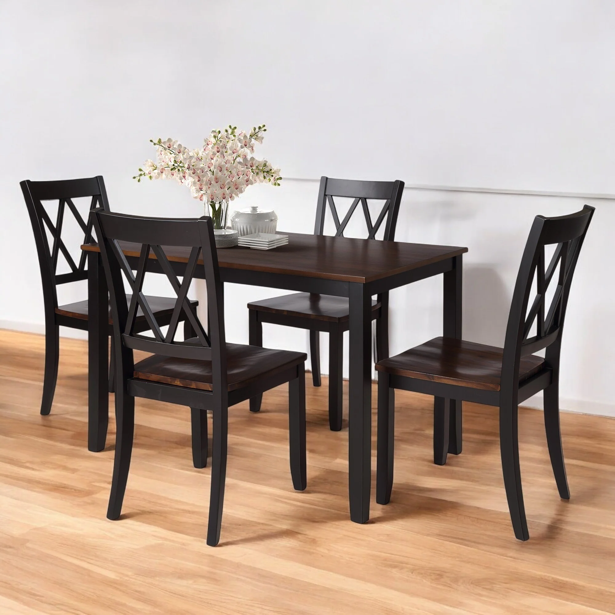 5-Piece Solid Wood Farmhouse Dining Set with Ergonomic Chairs and Waterproof Acacia Top for Dining Room and Kitchen