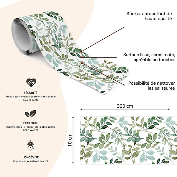 Bande Décorative auto-adhésif Pour Salon FLEURS Feuilles Zèbres 10cm x 300cm