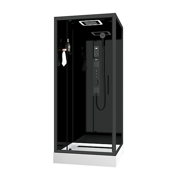 Cabine de douche l.90 x L.90 x H.218 cm – hydromassante connectée, Bluetooth, noir &blanc, Galedo Aura Square