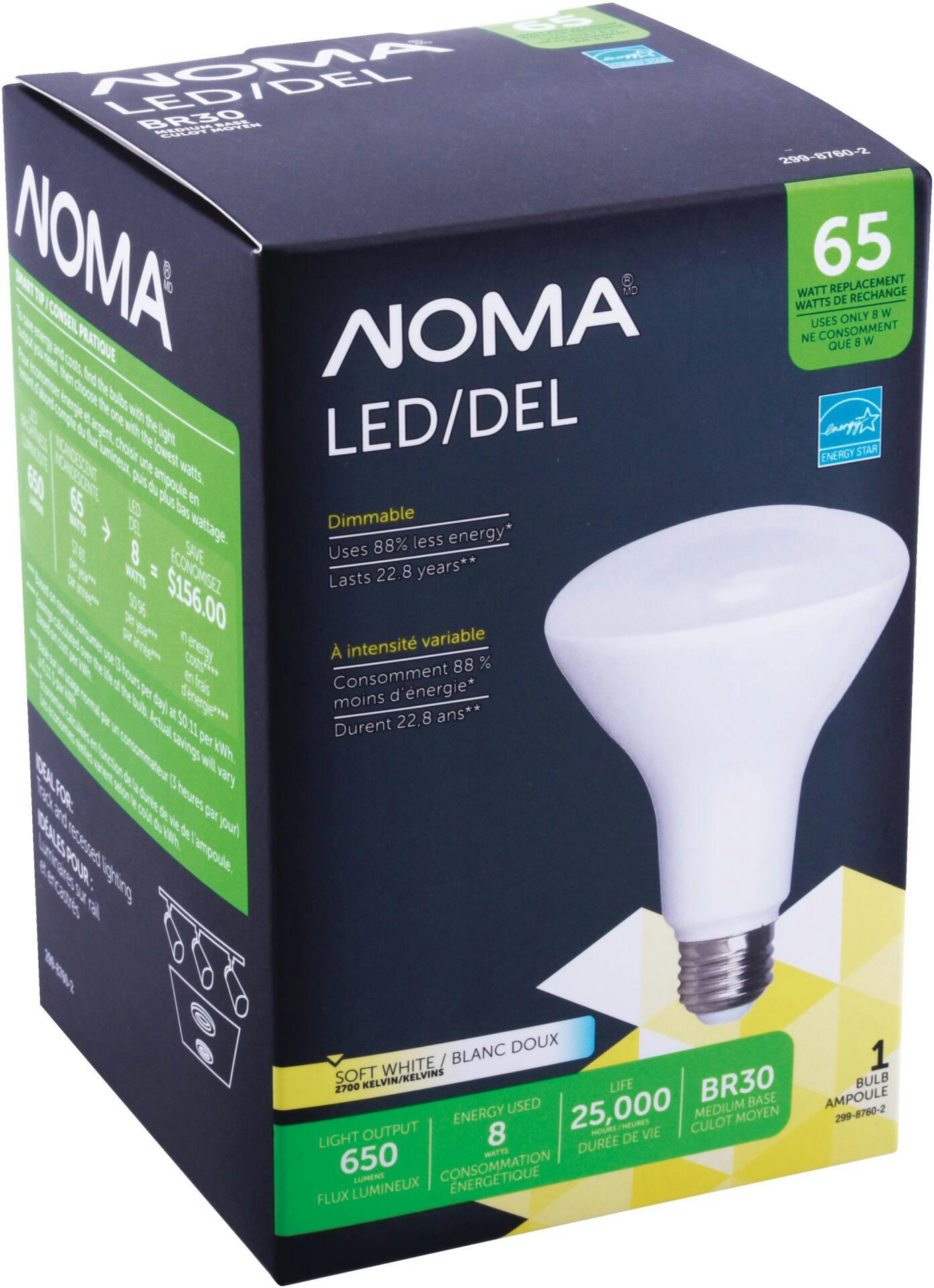 NOMA BR30 E26 Base Dimmable LED Light Bulb, 2700K, 650 Lumens, Soft White, 65W