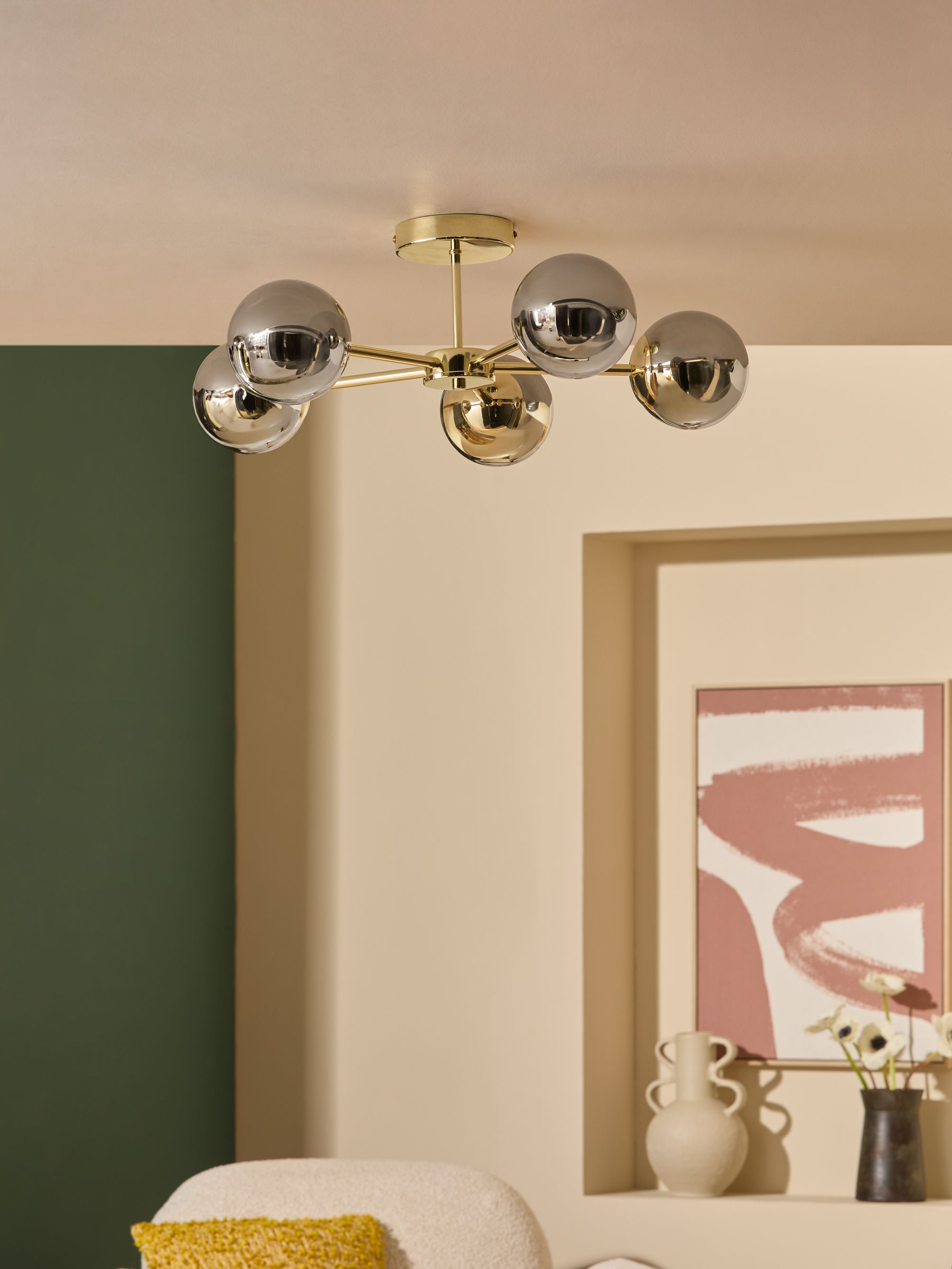 Globe 5 Light Flush Ceiling in Brass/Smoked Glass